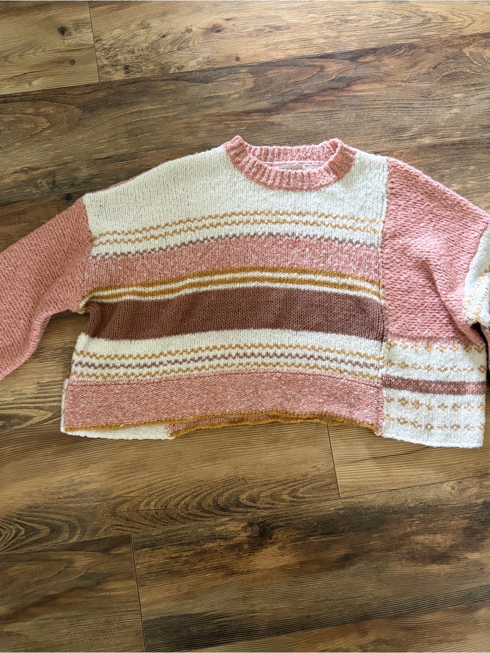 Sincerly Jules Pink Cream Mustard Striped Crewneck Sweater
